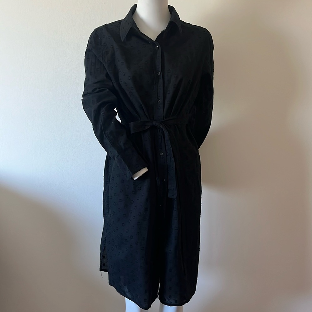 Lesley Evers Black Button Down Cotton Shirtdress Swiss Dot Large